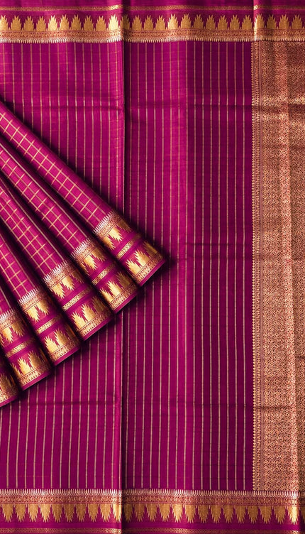 Green Silk Saree with Checks Design And Temple Design Border - Purple
