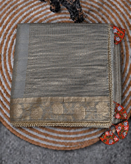 Chinon Crepe Saree With Golden Checks Buttes and Pearl Work Lace Work Border - Grey