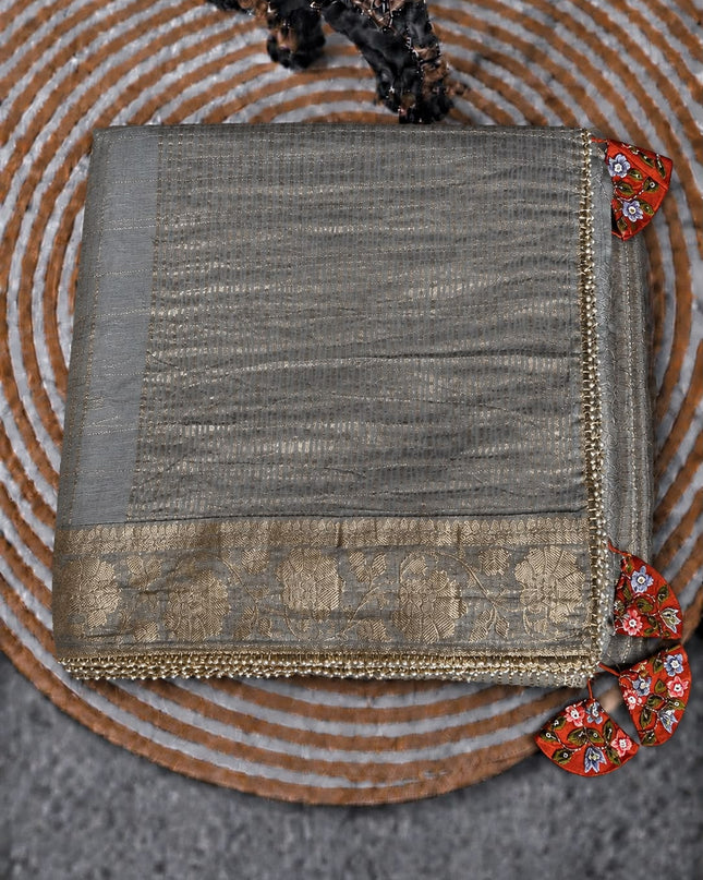 Chinon Crepe Saree With Golden Checks Buttes and Pearl Work Lace Work Border - Grey