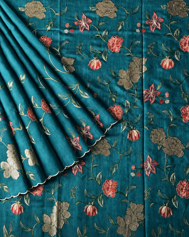 Jute Tusser Saree With All Over Thread Embroidery  Work Scallop Border - Green