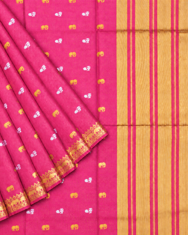 Munga Silk Saree With Gold and Silver Peacock and Elephant Butties Golden  Zari Elephant Design  Border -Pink