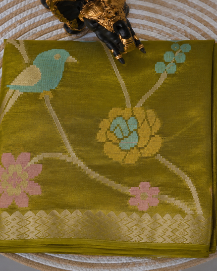 Chanderi  Silk Saree with All over Jamdani weaving style and golden Zari border - Mehandi Green