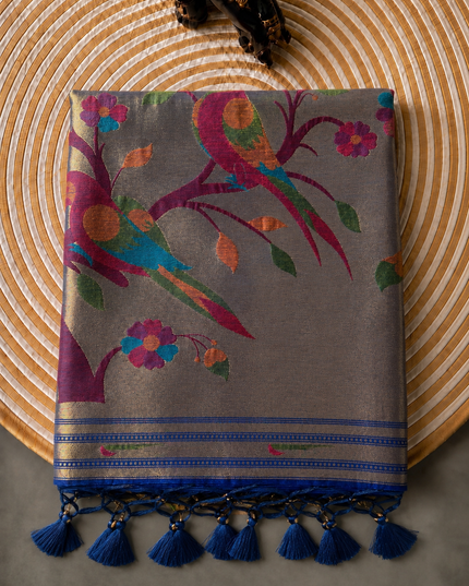 Chanderi  Saree with All over Golden Butties and muniya Border - Royal Blue