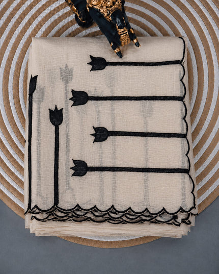 Crush Tissue Saree with  Applique work and Scallop Border -  Cream