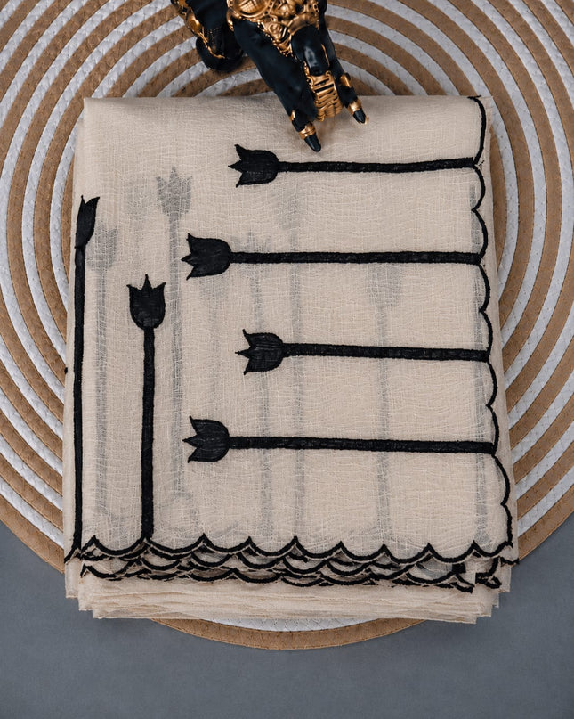 Crush Tissue Saree with  Applique work and Scallop Border -  Cream