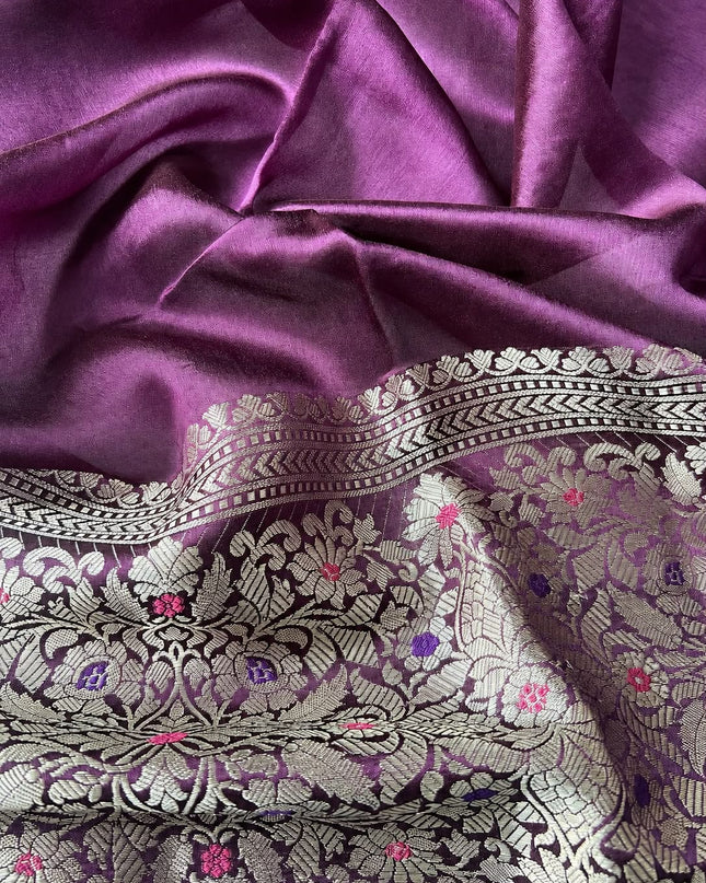 Chiniya Silk Silver and Gold Saree with Contrast Border  - Light Pink