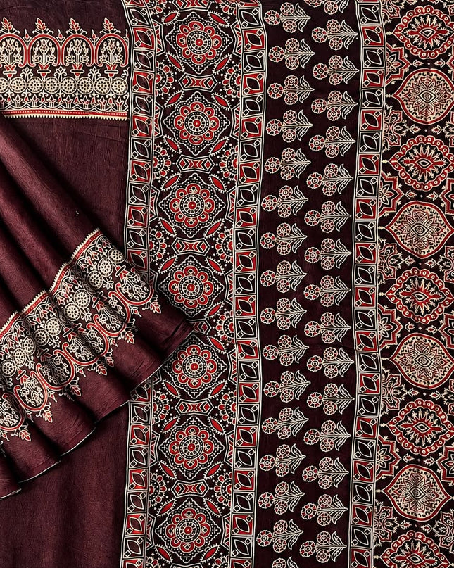Modal silk saree with ajrakh Design and  Contrast Border -  Maroon