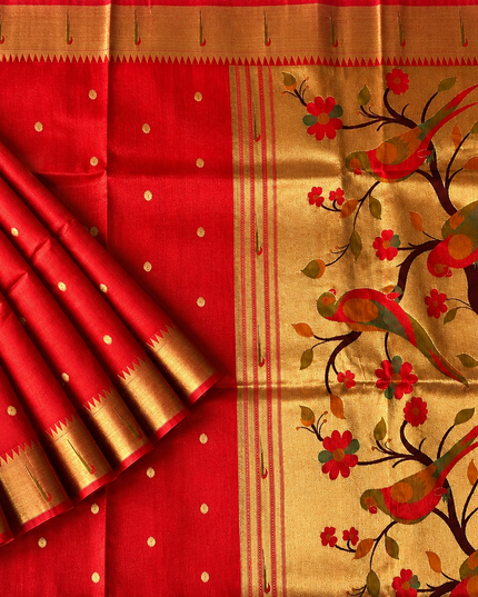 Chanderi  Saree with All over Golden Butties and muniya Border - Red