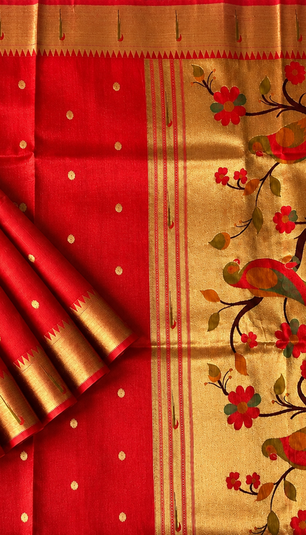 Chanderi  Saree with All over Golden Butties and muniya Border - Red