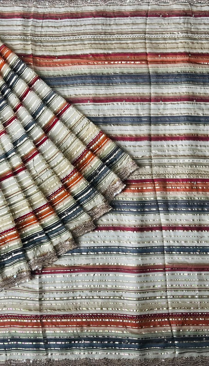 Georgette Saree With All over  Multi Stripes Design and Sequences and kardhana work Border - Multi