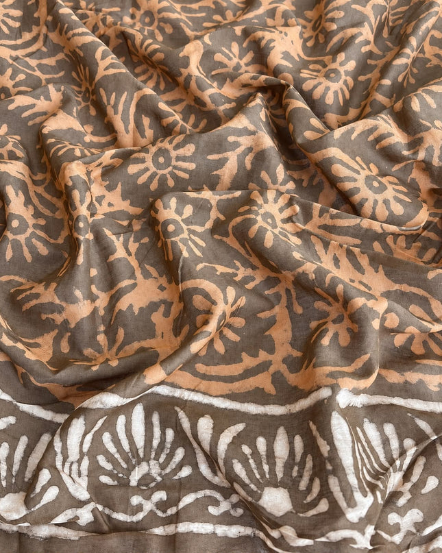 Mul Cotton Saree with Hand Block Print Border- Brown