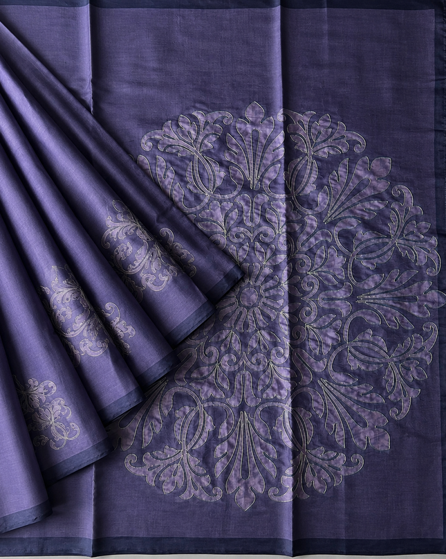 Tusser Silk Saree with Ari work and Contrast Border  - Lavender