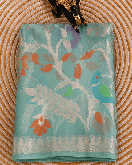 Chanderi  Silk Saree with All over Jamdani weaving style and golden Zari border - Light Green