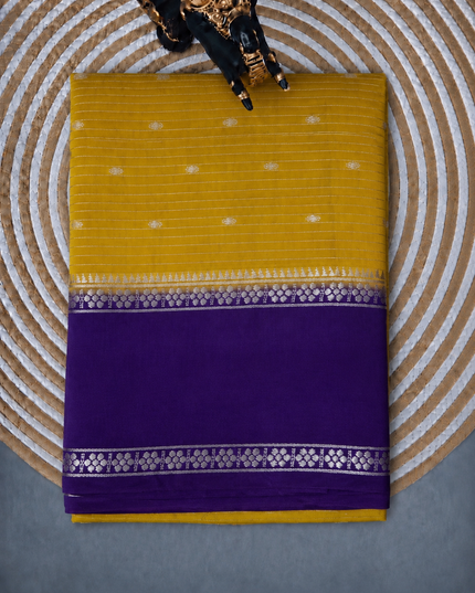Munga Silk Saree With All over Oosi Design and Small Gold Butties  Contrast Border- Mehandi Green & Violet
