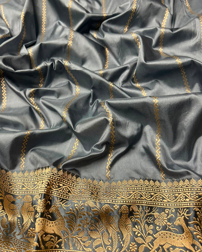 Kathan Silk Saree With All over Gold & Silver Zari Dual Parrot  Buttes and Golden Zari Weaving Cow Border - Light Blue