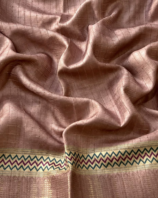 Tusser Saree with Floral and Golden Checks Design and Golden  Border - Onion Pink