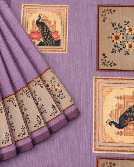 Tusser Silk Saree with Floral Print  contrast Border  -  Light Purple