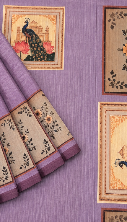 Tusser Silk Saree with Floral Print  contrast Border  -  Light Purple