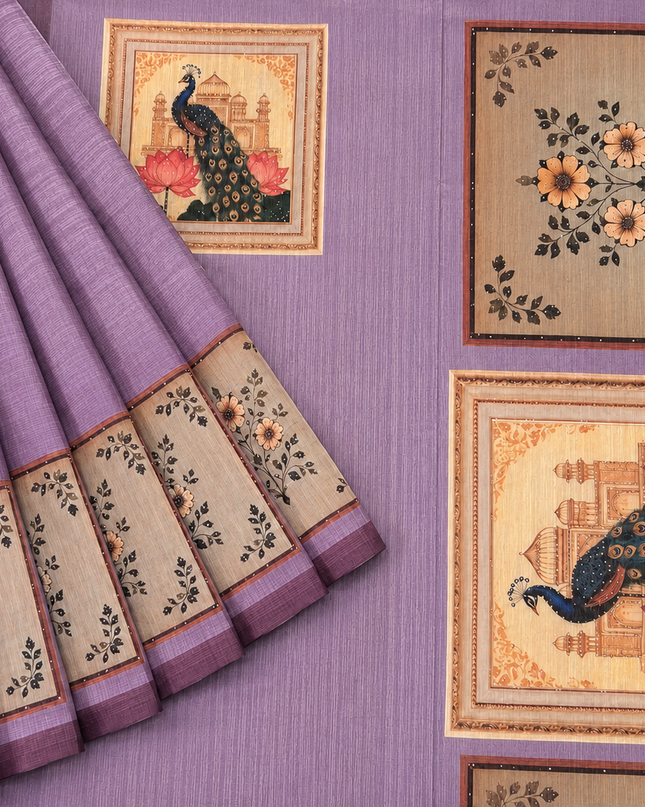 Tusser Silk Saree with Floral Print  contrast Border  -  Light Purple