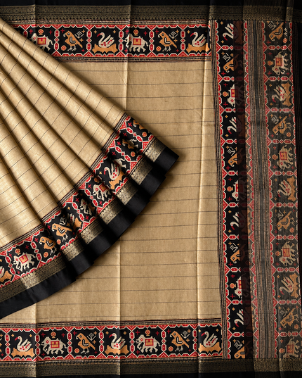 Munga Tusser Saree With  Stripes and  patola  Border - Beige