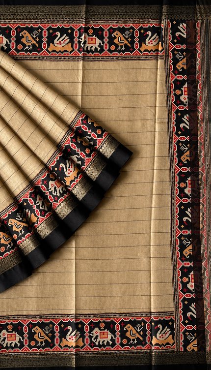Munga Tusser Saree With  Stripes and  patola  Border - Beige