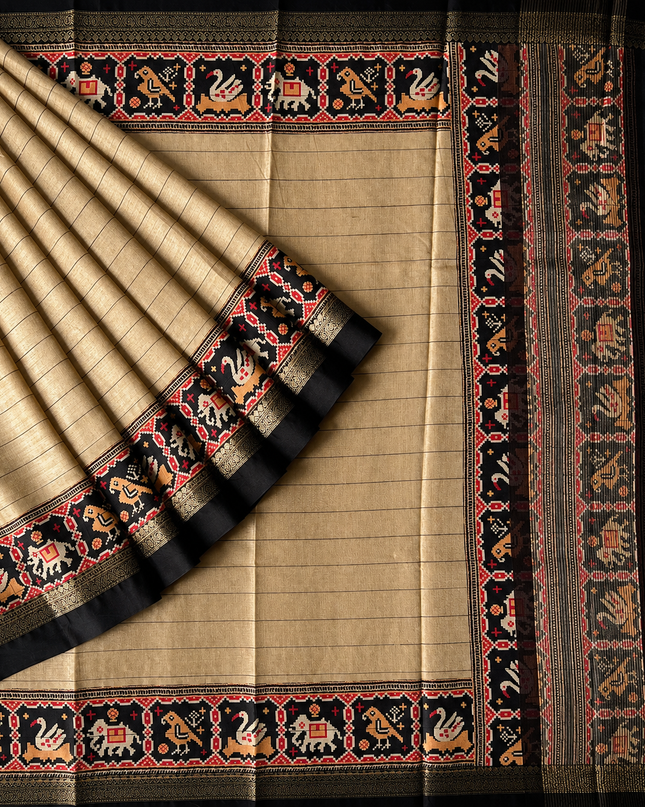 Munga Tusser Saree With  Stripes and  patola  Border - Beige