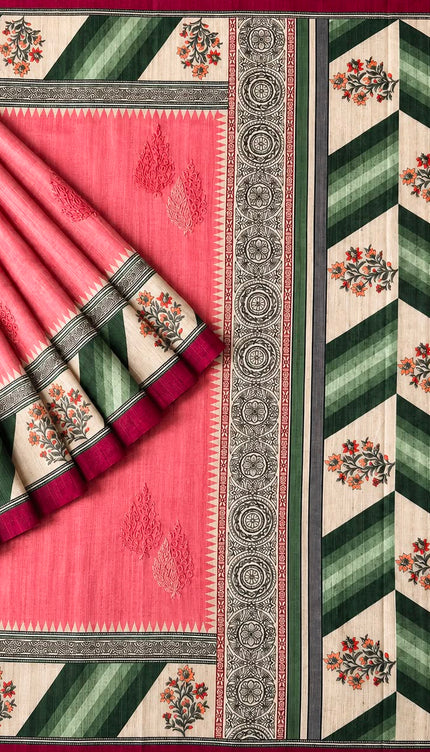 Tusser Saree With All Over Thread Embroidery  Work Flower Print Border - Pink