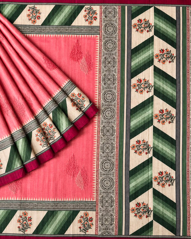 Tusser Saree With All Over Thread Embroidery  Work Flower Print Border - Pink