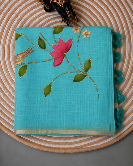 Kota Silk Saree with All over Thread Weaving Flower Butties and Golden Border - Rama Green