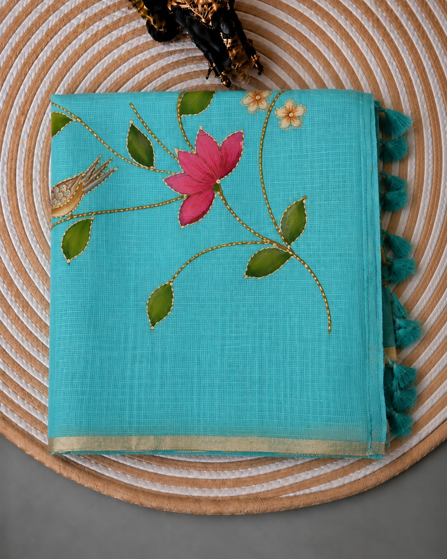 Kota Silk Saree with All over Thread Weaving Flower Butties and Golden Border - Rama Green