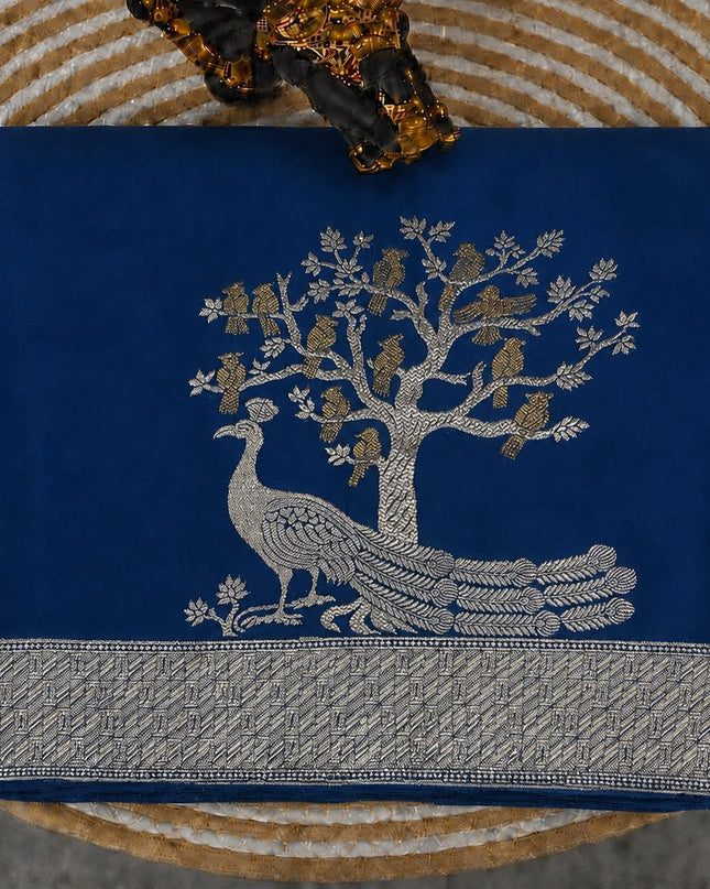 Mashru Banaras with Gold & Silver Buttes and Silver Zari Border  - Peacock Blue