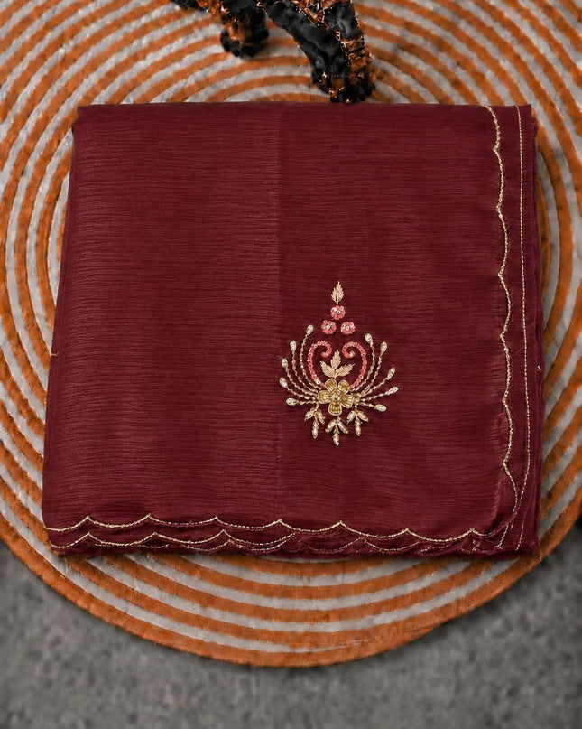 Soft Crush  Saree With Kardhana Sequences Work and Scallop Border -  Maroon