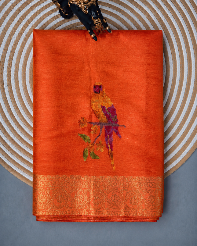 Tissue Banaras saree  with petti point work and Golden Border - Orange