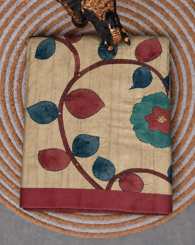 Tusser Saree with Floral and Peacock  Print with Kantha Work and contrast Border - Pink