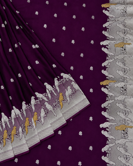 Mashru Banaras saree with Silver butties and Silver Kaddi border - Wine