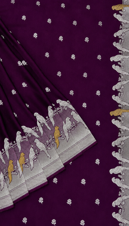 Mashru Banaras saree with Silver butties and Silver Kaddi border - Wine