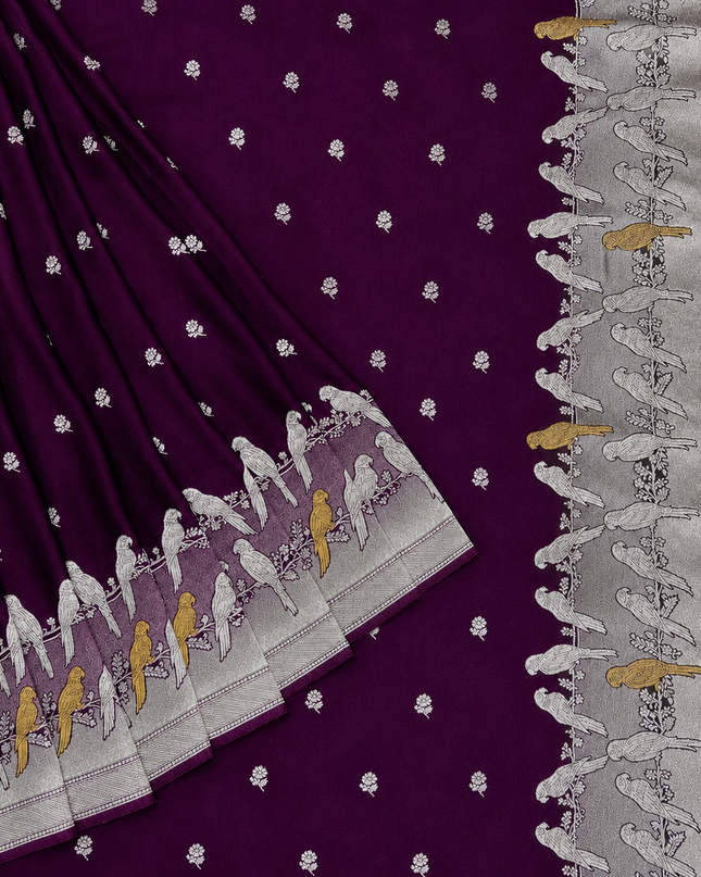Mashru Banaras saree with Silver butties and Silver Kaddi border - Wine