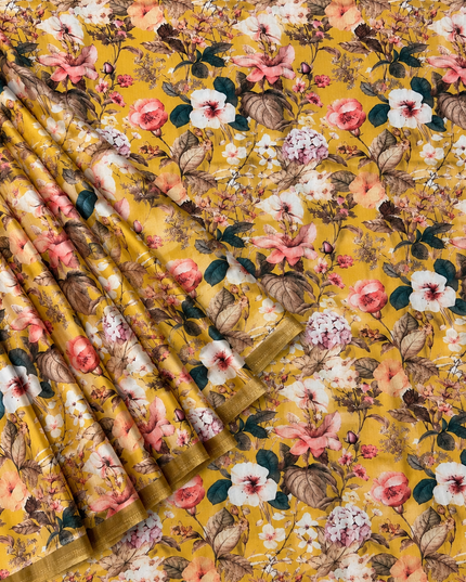 Crepe Saree with Digital Printed with small Border- Mustard