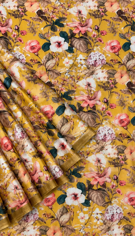 Crepe Saree with Digital Printed with small Border- Mustard