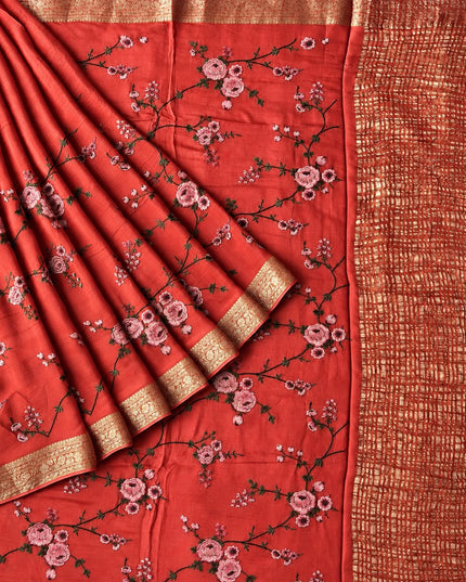 Channon saree with All over Thread Embroidery Work and Gold Border - Peach