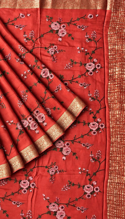 Channon saree with All over Thread Embroidery Work and Gold Border - Peach
