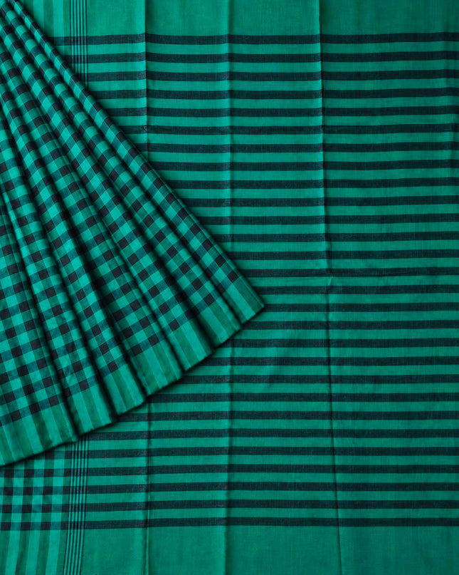 Cotton Saree With Checks Design and Tassels - Green