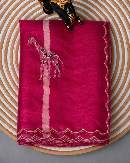 Soft  Orznga  Saree With Applique work and scallop Border-  Pink
