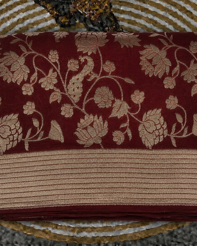 Kaddi Georgette saree with Allover Gold Zari Leaf Jall Design Kaddi Border- Maroon