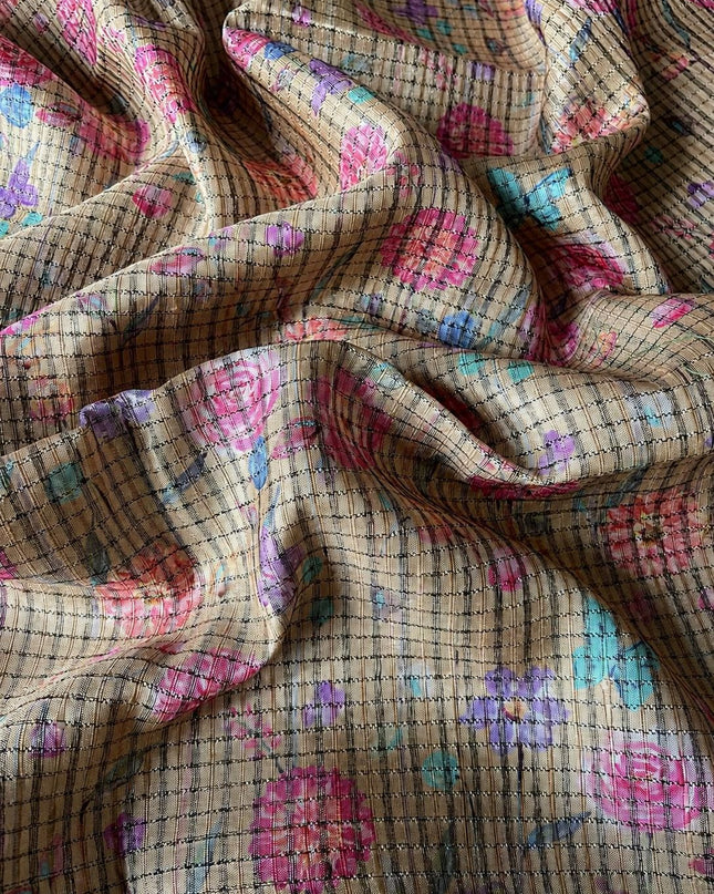 Tusser Silk Saree with Check Design and Contrast Border - Off White