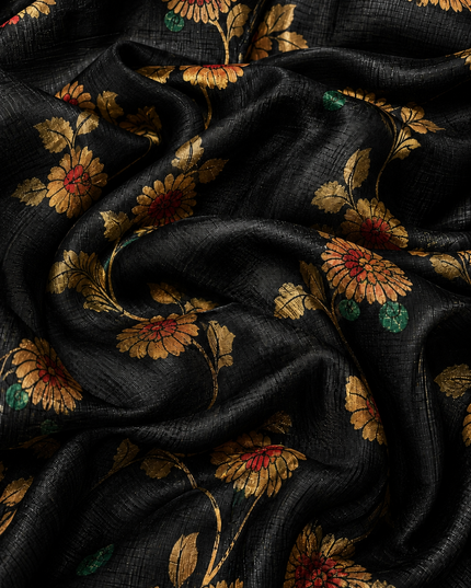 Kora Tusser kalmkari Sarree  With  Dori work and  Golden Border-  Black