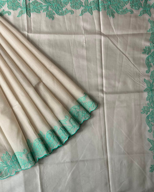 Kota Silk Saree with Contrast  Thread Embroidery Cut Work Border  - Beige & Sea Green