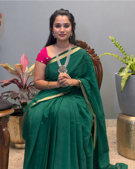 Crepe Saree with Golden Zari contrast Border - Bottle Green