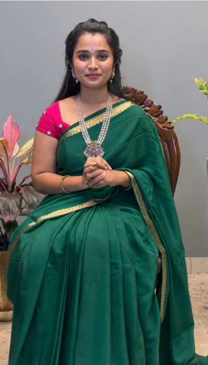 Crepe Saree with Golden Zari contrast Border - Bottle Green