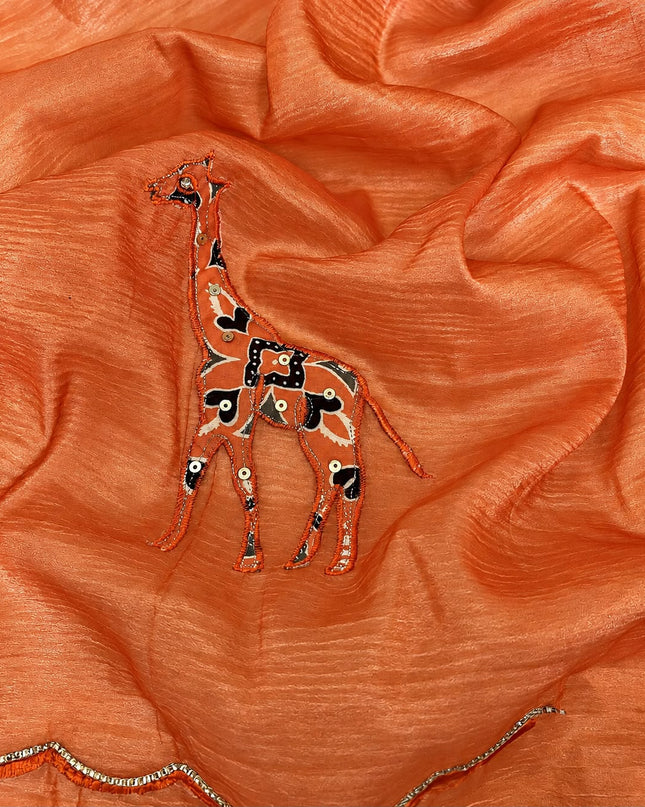 Soft  Orznga  Saree With Applique work and scallop Border-  Orange